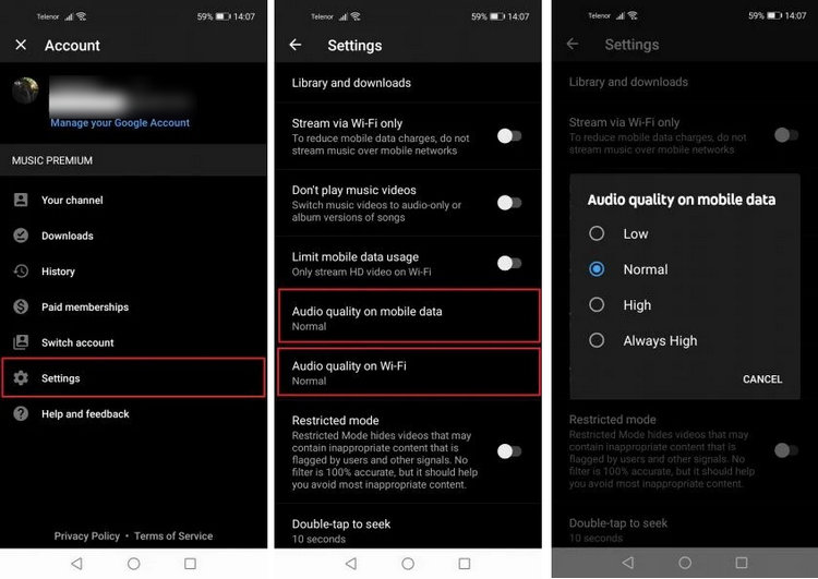 Change YouTube Music audio quality