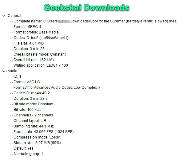 Geekskai M4A download identified in MediaInfo
