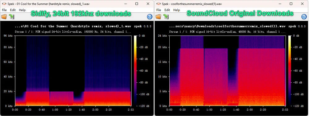 Spek comparison of Sidify 24-bit 192kHz WAV and the original 16-bit 48kHz WAV