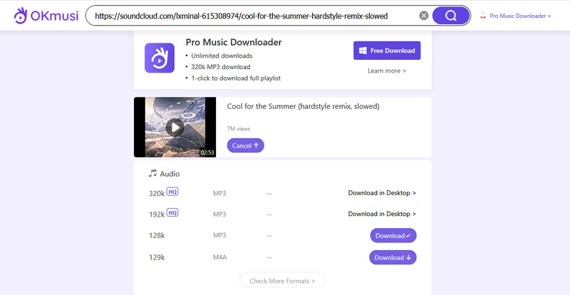 OKmusi SoundCloud download page
