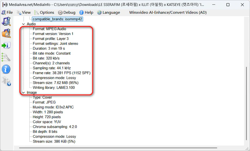 MediaInfo showing 320kbps output after selecting 320kbps in PullMP3