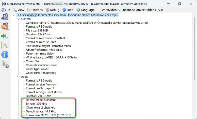 MediaInfo showing Sidify YouTube to MP3 output encoded at 320kbps