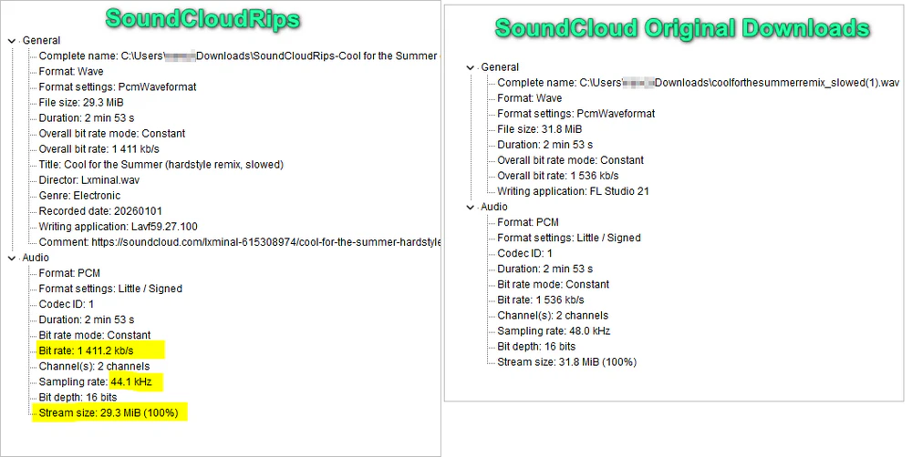 MediaInfo results for a WAV file downloaded with SoundCloudRips