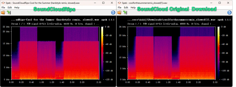 Spek comparison showing a 16kHz cutoff in SoundCloudRips WAV output