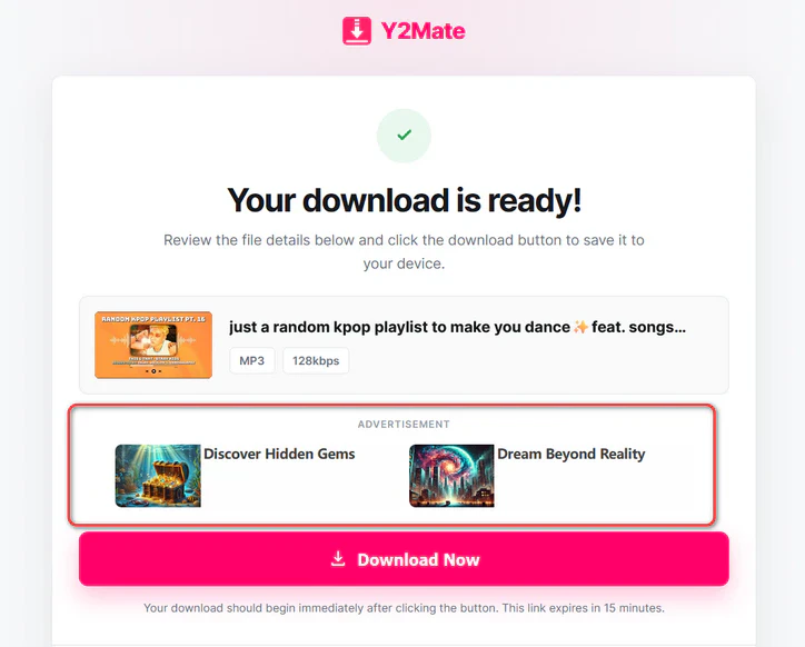 Third-party ad redirect observed during our Y2Mate download test