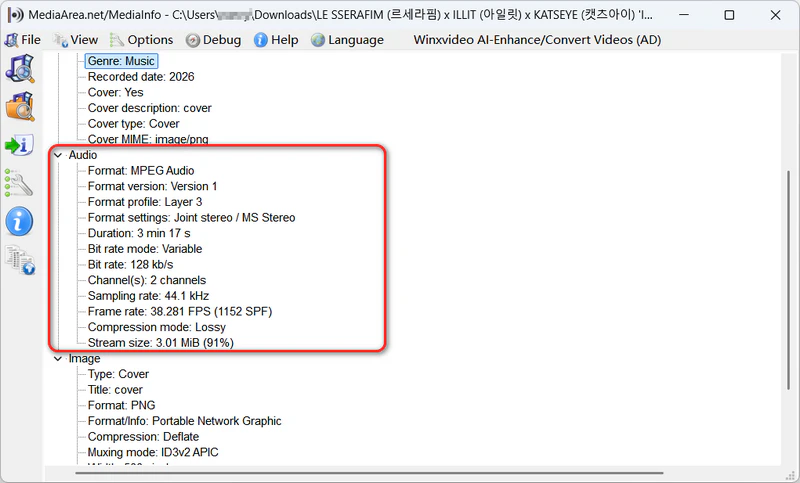 MediaInfo showing 128kbps VBR output after selecting 320kbps in YT1S