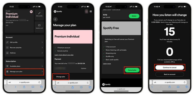 cancel spotify premium on iphone safari