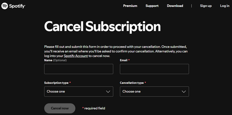 cancel spotify premium form submit