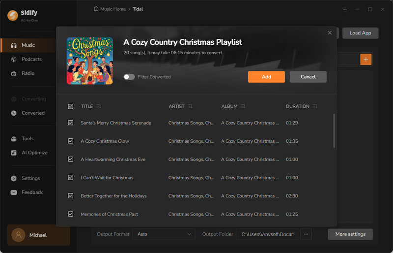 add tidal christmas songs to download