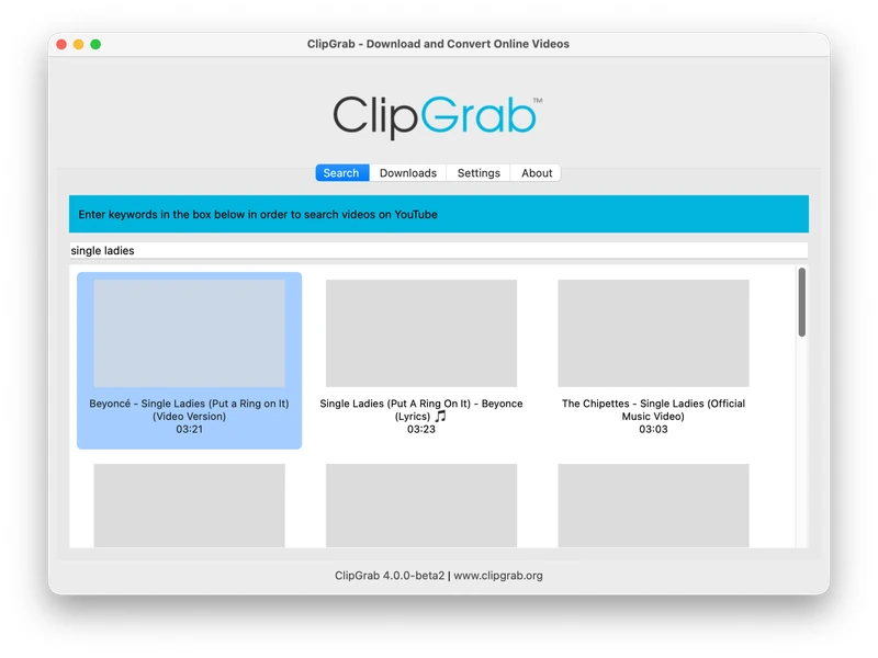 ClipGrab built-in YouTube search results on Mac
