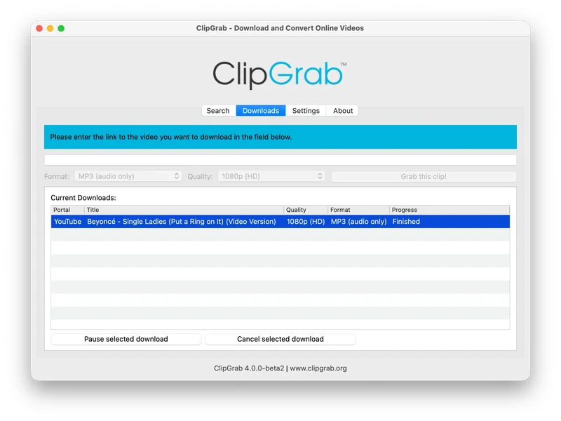 Completed MP3 download in ClipGrab for Mac