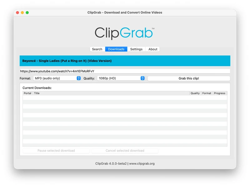 ClipGrab download settings with MP3 audio only selected
