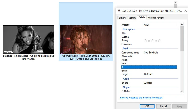 Downie MP3 output properties showing a 320 kbps bitrate
