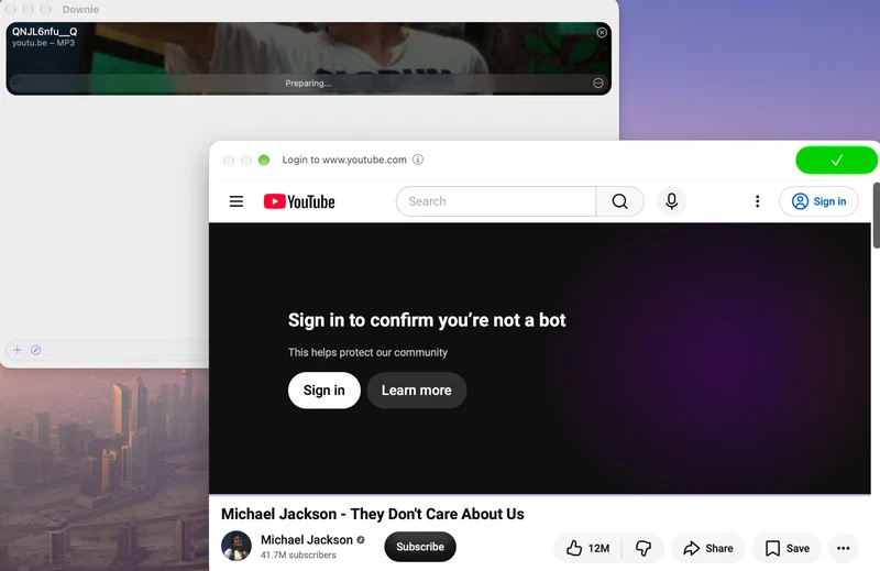 YouTube sign-in verification prompt encountered while testing Downie