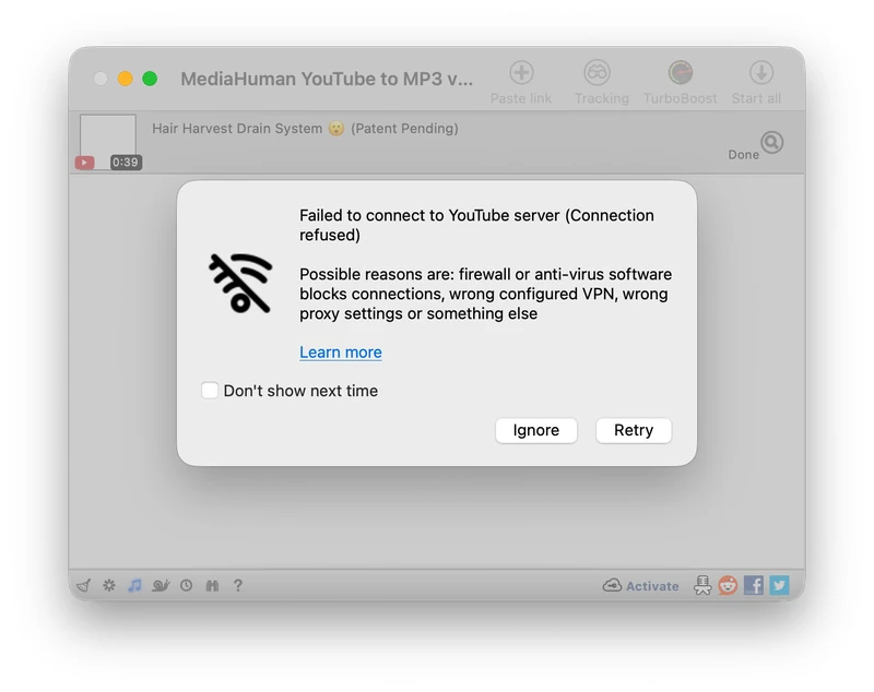 MediaHuman connection error encountered while testing a YouTube download