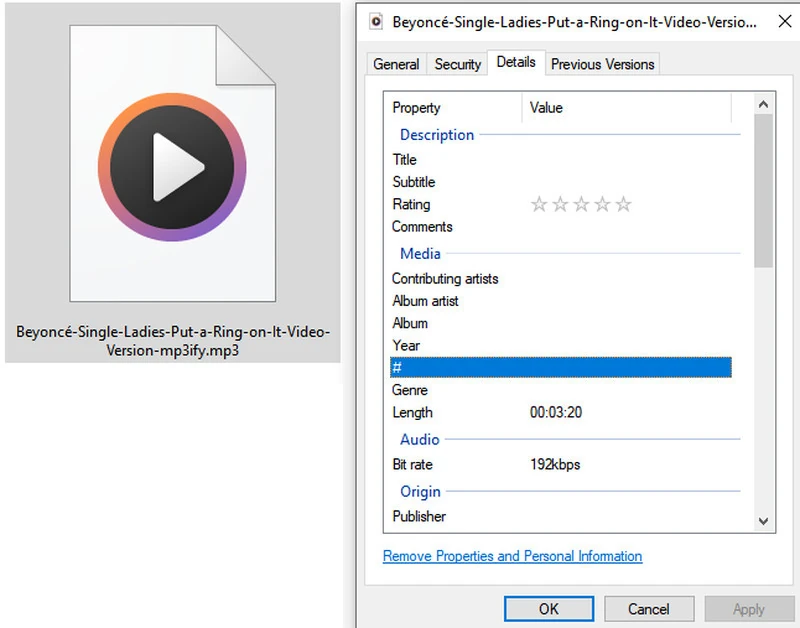 MP3ify MP3 output properties showing a 192 kbps bitrate