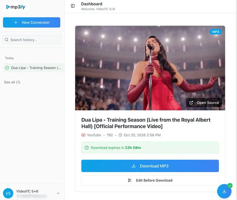 Completed MP3ify conversion with the Download MP3 button