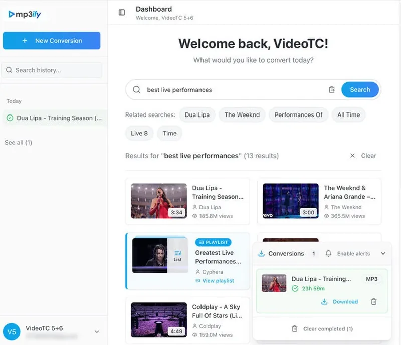 MP3ify search results and conversion dashboard in a Mac browser