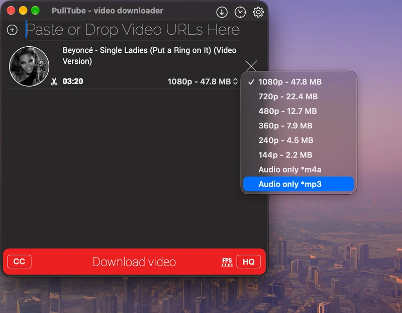 PullTube menu with the Audio only MP3 option selected