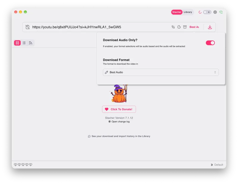 Stacher Download Audio Only setting with Best Audio selected