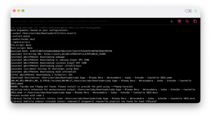 Stacher error log showing that FFmpeg and ffprobe were not found