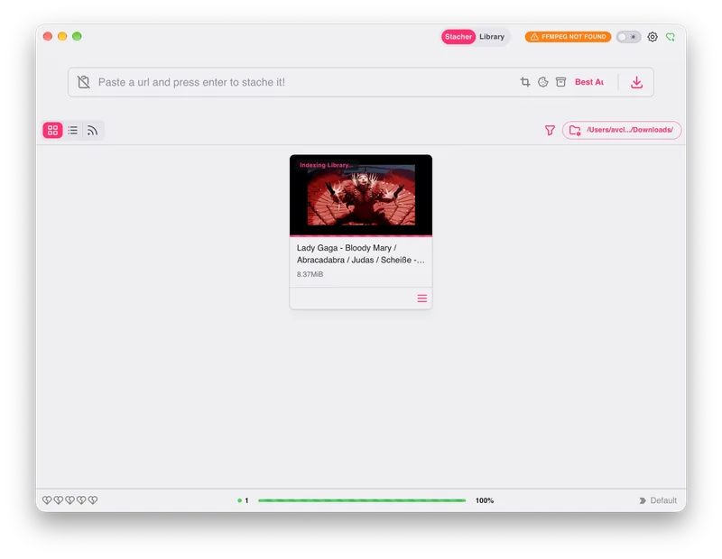 Stacher displaying an FFMPEG NOT FOUND warning after a download