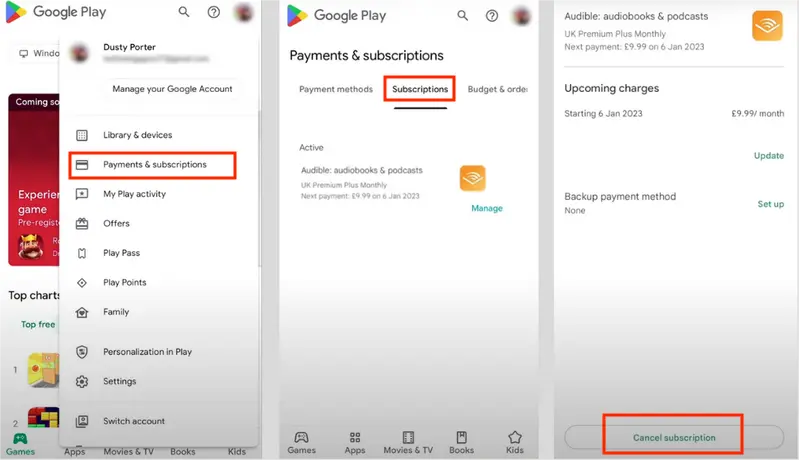 cancel audible membership on google play
