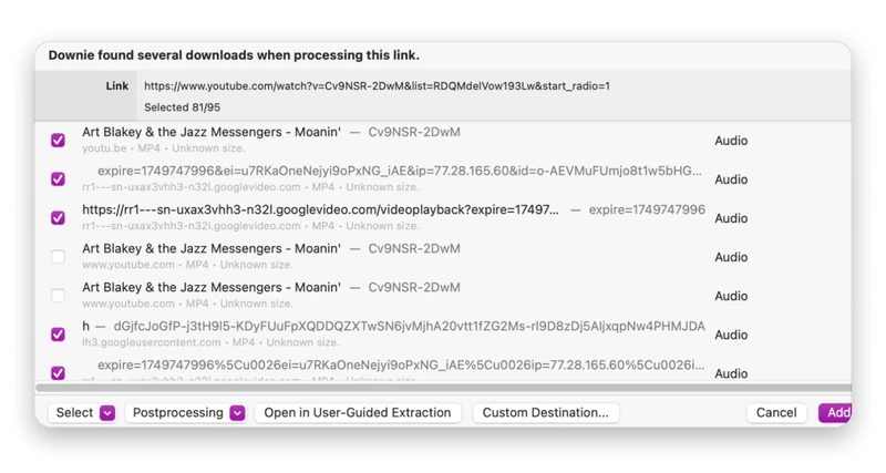 Downie playlist download selection window on Mac