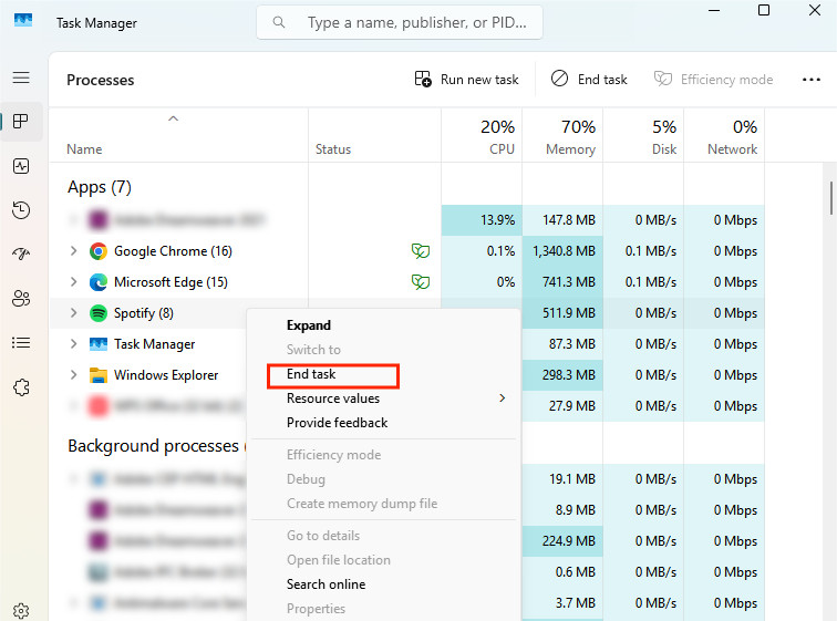 end spotify task on task manager