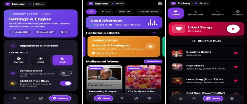 Euphony music streaming app interface for Android