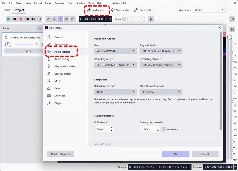 Audacity recording settings for Qobuz