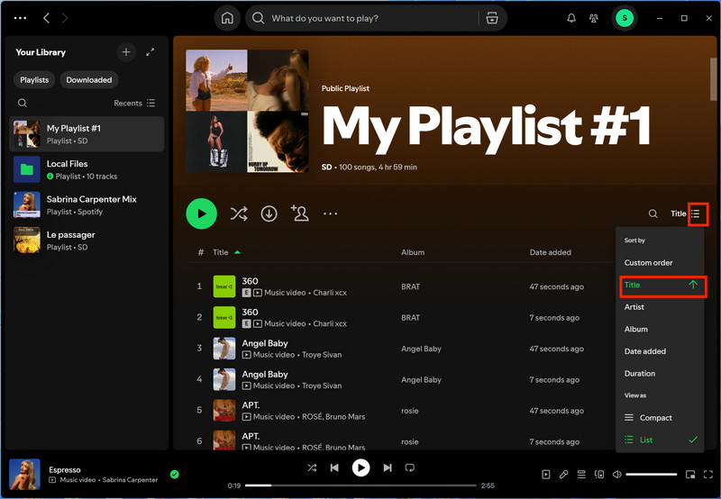select title to sort your songs