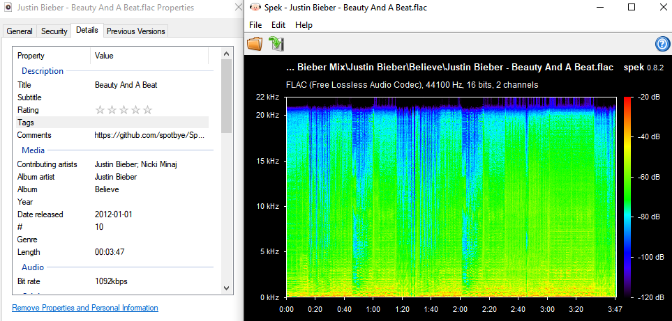 Spek spectrum analysis of Beauty And A Beat FLAC downloaded in our SpotiFLAC test