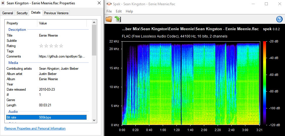 Spek spectrum analysis of Eenie Meenie FLAC downloaded in our SpotiFLAC test