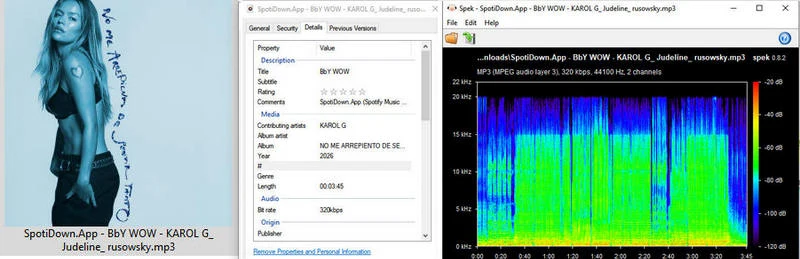 SpotiDown MP3 metadata and Spek audio quality test