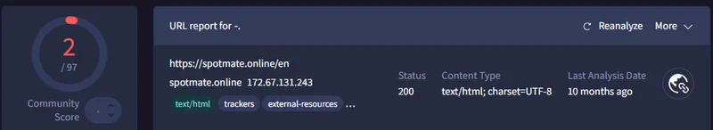 SpotMate VirusTotal URL scan result
