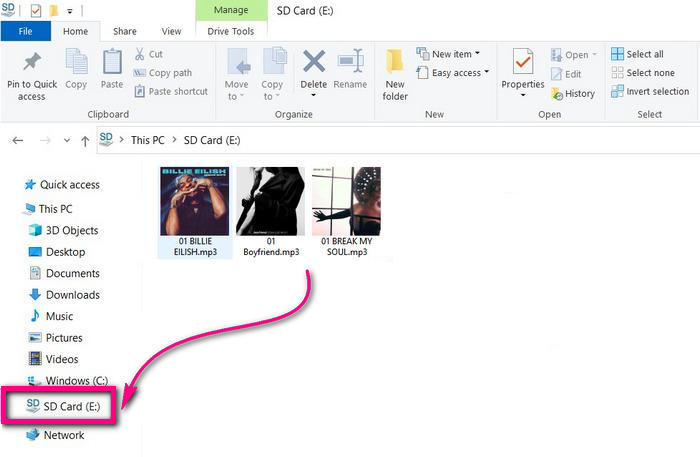 Copy converted Spotify MP3 songs to the Music folder on a microSD card