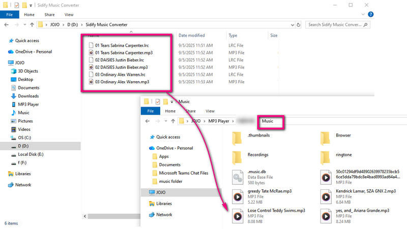 Transfer Spotify MP3 files from Windows File Explorer to an MP3 player's Music folder