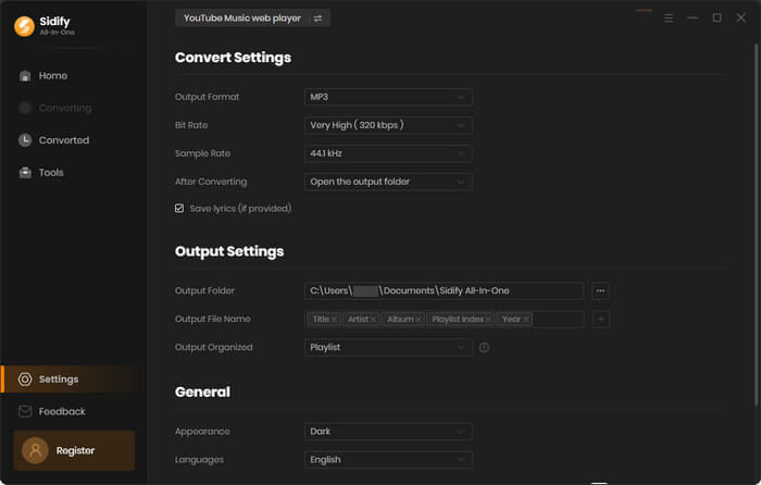 customize youtube music mp3 output settings