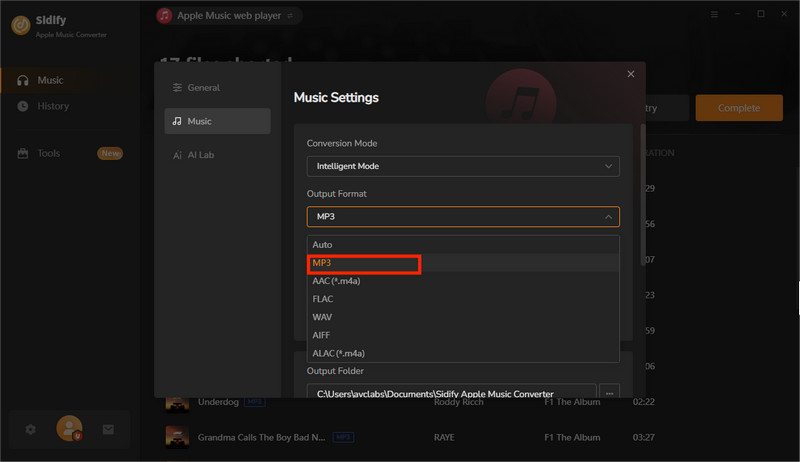 set mp3 format