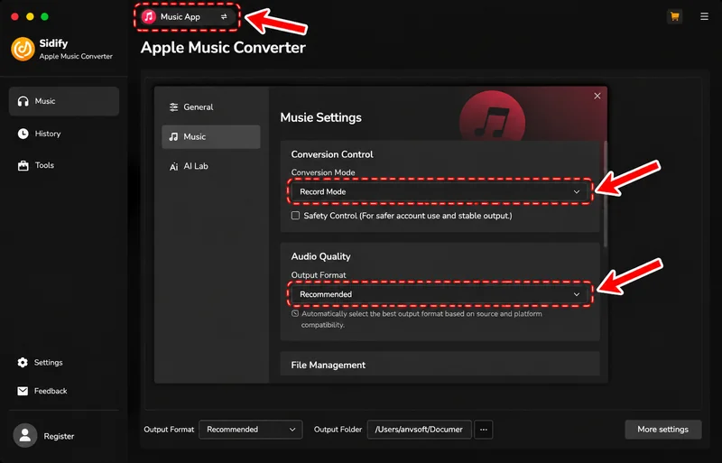 Select Music app, Record Mode, and output format