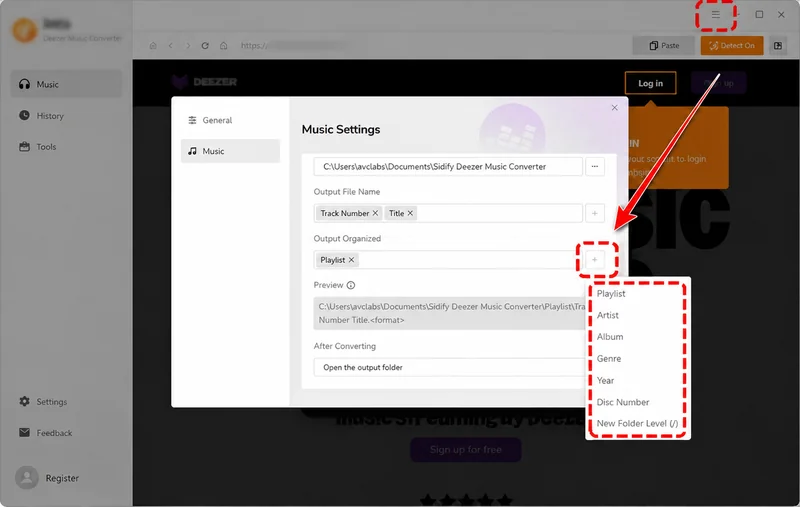 Choose an Output Organized option in Sidify Music Converter for Mac