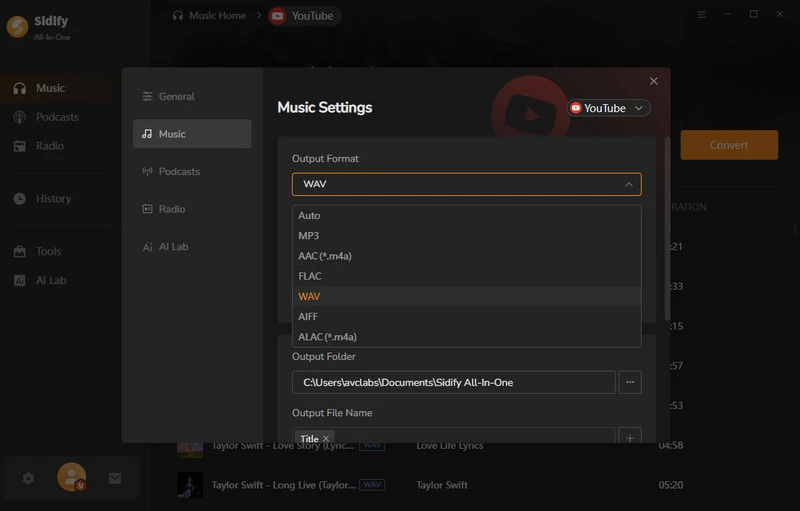 set wav as output format