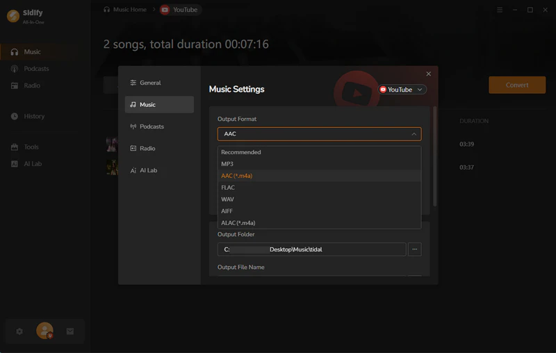 set aac as output format