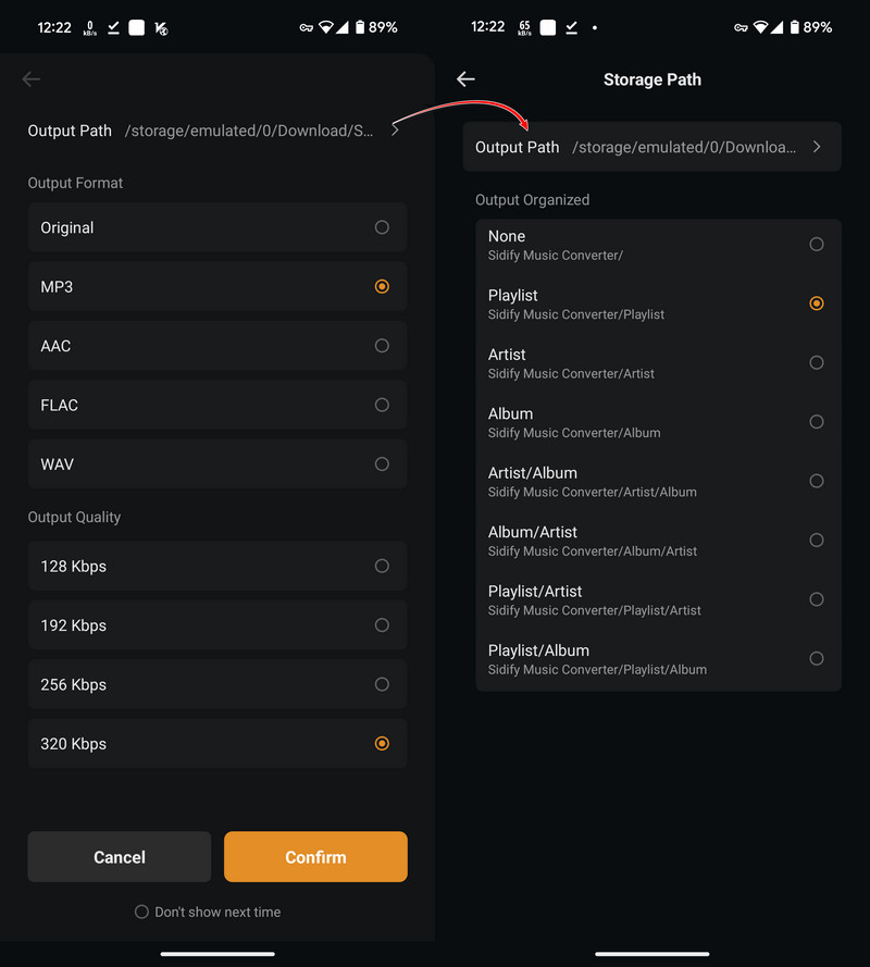choose spotify download format and path on android