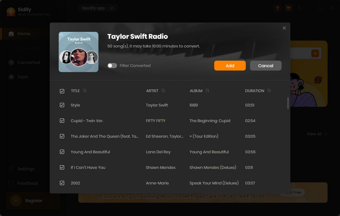 Add Spotify Songs or Playlist to Sidify