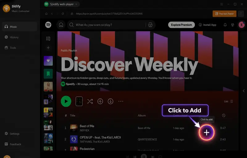 Add music from Spotify via click to add button