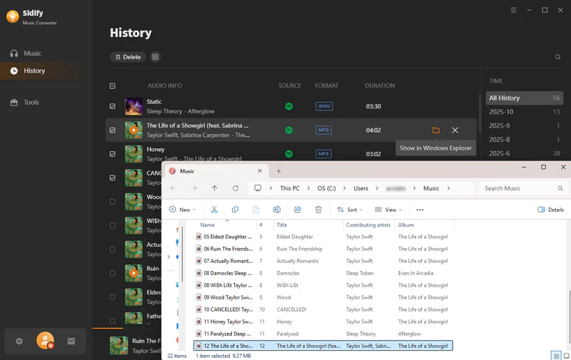 Sidify Spotify album MP3 result with numbered tracks, album art, artist and album metadata