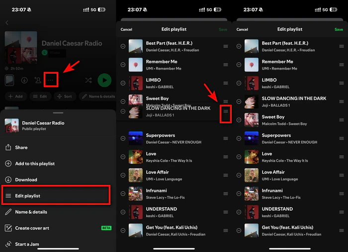 manual edit playlist order on spotify mobile