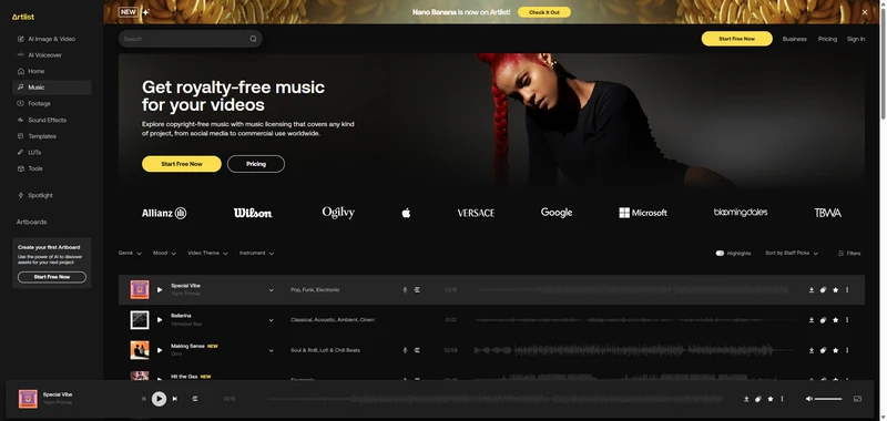 artlist royalty free music site